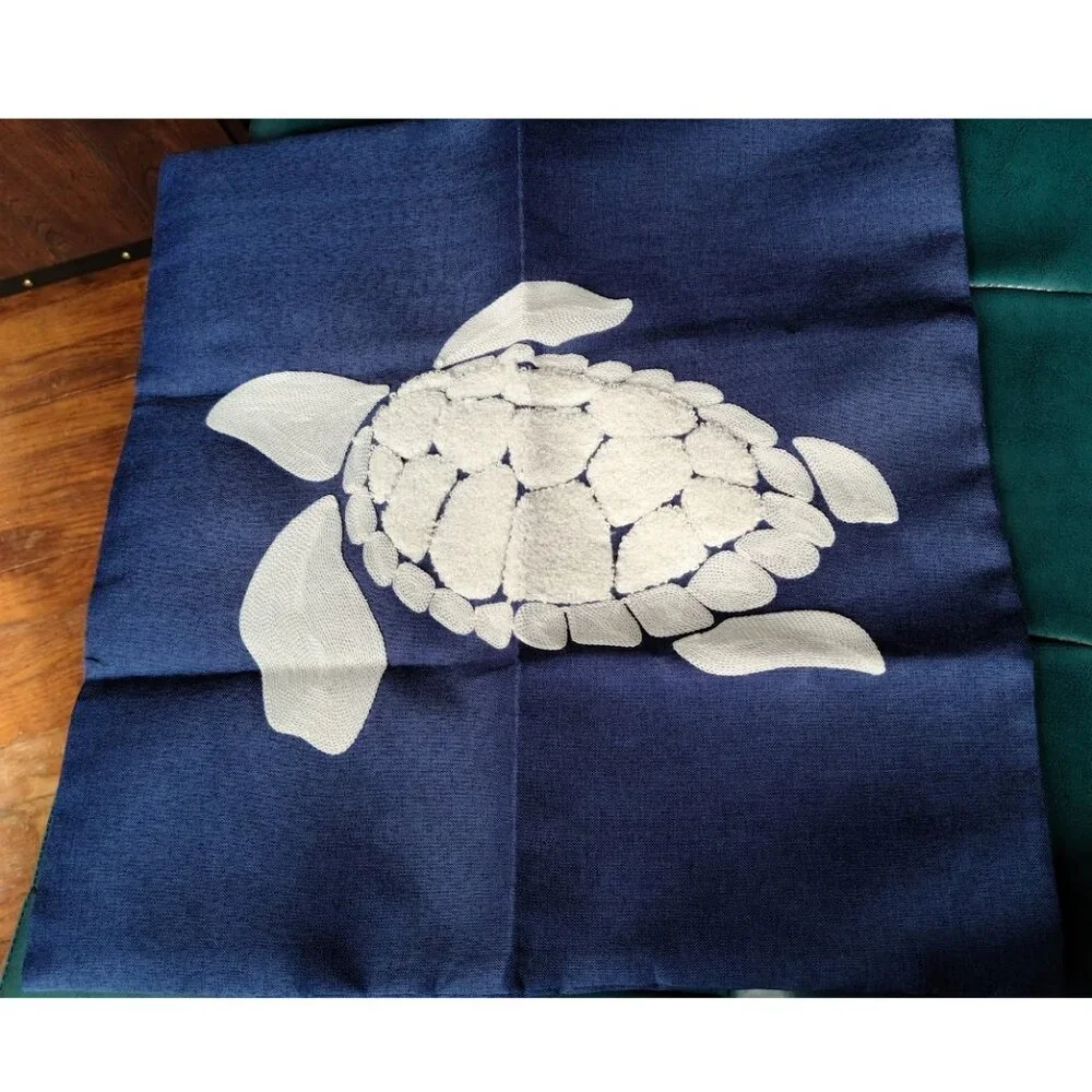 Decorative Throw Pillow Cover Nautical Sea Turtle Embroidered Case Beach Decor - Picture 4 of 11